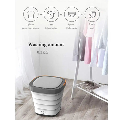 Portable Foldable Washing Machine Mini Washer Game Changer showing 0.3kg capacity, perfect for laundry in small spaces.