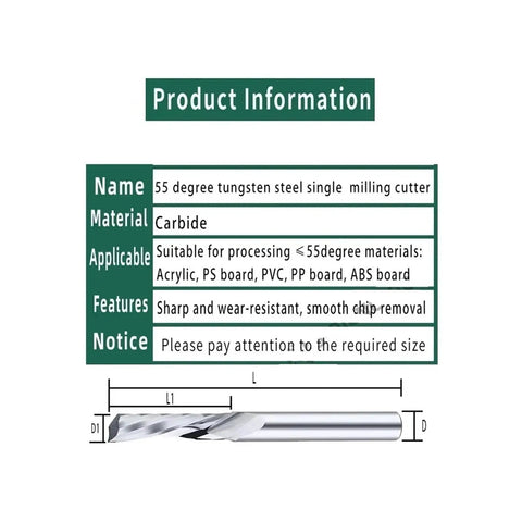 Straight Up Sharp Single Flute Spiral End Mill For CNC Router Machining Wood Acrylic Aluminum With Raw Uncoated Steel Blades For Superior Heat Dissipation product info and specifications