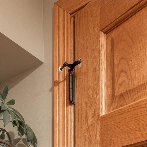 Durable Oil Rubbed Bronze Hinge Pin Door Stops 5 Pack Zinc Alloy Adjustable 85 to 125 Degrees Fits Quarter To Five Sixteenths Inch Pins Two And A Half Inch Wall Protection For Home Hardware installed on wooden door