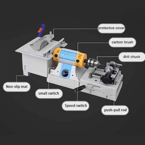 Heavy Duty 750W Rotary Tool And Bench Grinder With Variable Speed Up To 10000 RPM featuring essential parts like drill chuck and speed switch.