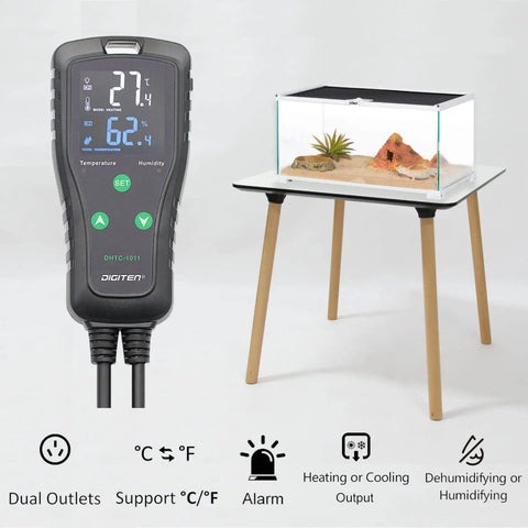2 In 1 All In One Temperature And Humidity Controller Outlet Plug In Thermostat Humidistat next to reptile terrarium on table