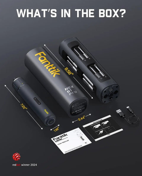 S1 Pro Electric Screwdriver With 220 RPM Magnastrom Motor Three Torque Settings in box with manual, USB-C cable, and bits.