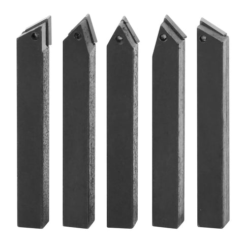 Five black carbide turning tool bits with rectangular shanks and cutting tips