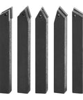 Front view of five EVTSCAN carbide inserts; rectangular blocks with triangular cutting tips