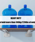 Heavy Duty Stainless Steel L Shaped Shelf Bracket Wall Mounted Brushed Finish holding two blue water jugs, supports 220 lbs weight.