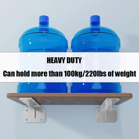 Heavy Duty Stainless Steel L Shaped Shelf Bracket Wall Mounted Brushed Finish holding two blue water jugs, supports 220 lbs weight.