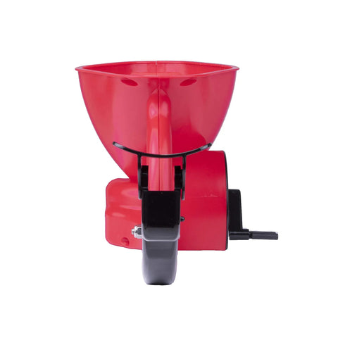 Front view of Red Ergonomic Hand Spreader With Built In Armrest And Trigger For Comfort Adjustable Reel Control Sealed Gearbox