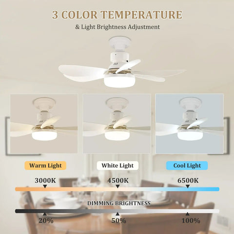 Compact 20.5 Inch Ceiling Fan With Built In Light And Wireless Remote showcasing light color adjustments at 3000K, 4500K, 6500K.