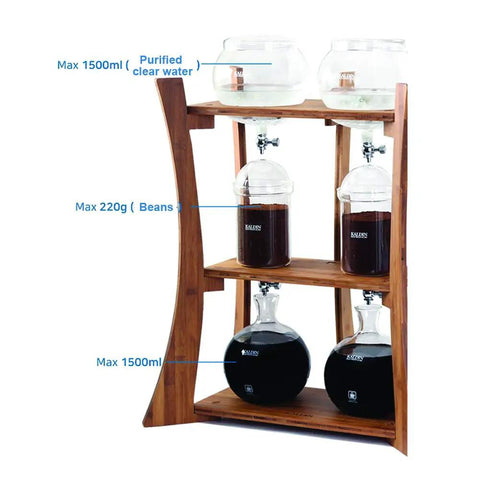 Heavy Duty Dutch Cold Brew Coffee Maker With Solid Wood Tower And Stainless Steel Filter brewing coffee with clear water and beans.