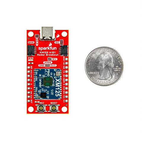 Pulsed Coherent Radar Sensor With Acconeer XM125 Qwiic, STMicroelectronics 60GHz Radar Module, STM32L431CBY6 MCU, 20 Meter Range, Low Power, See Through Walls And Cabinets, Perfect For Battery Powered Sensing, 1.0x2.0 Inch Board next to a quarter for size