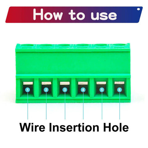 Front view of 3.5mm Pitch Phoenix PCB Screw Terminal Block Connector Pack of 5, showing wire insertion holes numbered 1 to 6.