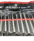 28 Piece Punch And Chisel Set With Storage Pouch Cold Taper Center Pin Steel Chrome Vanadium displayed in black pouch