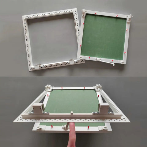 Slick Hidden Ceiling Access Panel, Smooth Flush Mount Drywall Inspection Hatch, Heavy Duty Aluminum Gypsum Service Door, Paintable Plasterboard Cover For Hassle Free Home Upgrades And Quick Fixes 16 By 16 Inch, showing assembly detail and features.