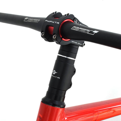 Bike Stem Riser Extender 115mm For One And One Eighth Inch Steerer 28.6mm with adjustable height and spacers on a red bike frame.
