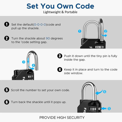 Step-by-step instructions for setting the code on 2 Pack 4 Digit Padlock Set For Lockers Gym School Fence Toolbox Case And Hasp Cabinets No Key Needed Resettable 4 Digit Locks With 10,000 Possible Codes Portable And Easy To Use Black.
