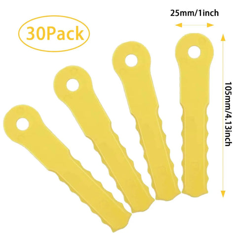 Replacement Head Blades For Weed Trimmer Pack Of 30 Fits Weed Warrior 14867B shown in yellow with toothed edges.