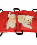 Heavy Duty Foldable Pet Stretcher With Secure Buckles Emergency Dog Carrier Transport Cot For Vet Runs Keeps Calm During Emergencies Supports 242 Pounds Solid As A Rock For Big Guys And Easy Hauling Red with a dog resting on it.