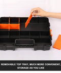 Double Side Tool Organizer With Heavy Duty Polymer And Customizable Removable Dividers, showing black case, orange dividers.