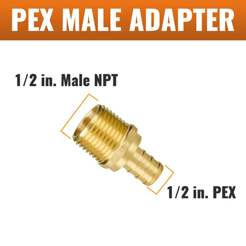 DIY Friendly One Half Inch PEX Fittings Kit, Ten Pack One Half Inch PEX Male Adapters, Brass, No Lead, NSF ANSI 61 Certified