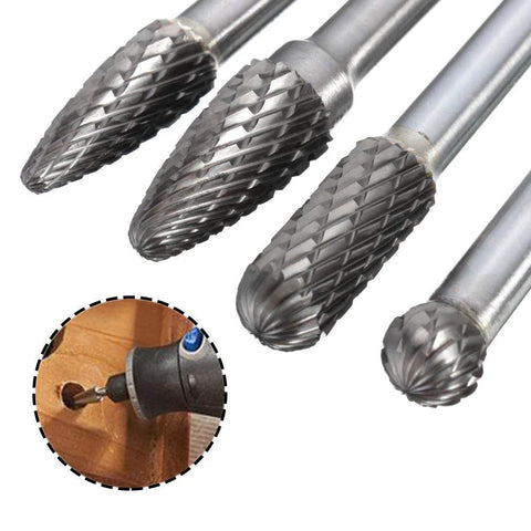 Amazon Bestgle 4pc tungsten carbide burrs, 6mm shanks, front view, for wood/metal engraving, 150–160mm length