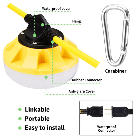 LED Construction String Lights 50FT, 5x50W Units, featuring waterproof cover, carabiner, and rubber connector for easy installation.