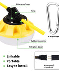Heavy Duty 10000 Lumen LED Construction String Lights for Jobsite, showing waterproof connector and hanging feature.