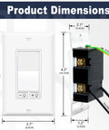 Product dimensions of 2 Pack Dimmer Light Switch Featuring Single Pole And Three Way Circuits, including measurements.
