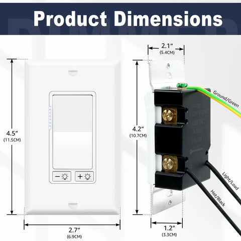 Product dimensions of 2 Pack Dimmer Light Switch Featuring Single Pole And Three Way Circuits, including measurements.