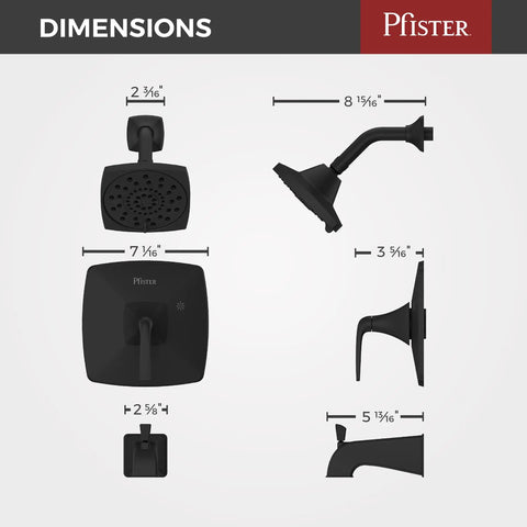 Dimensions of Tub And Shower Trim Kit With Valve And Cartridge, Single Handle, 3 Function Shower Head, Tub Spout, Slick Matte Black
