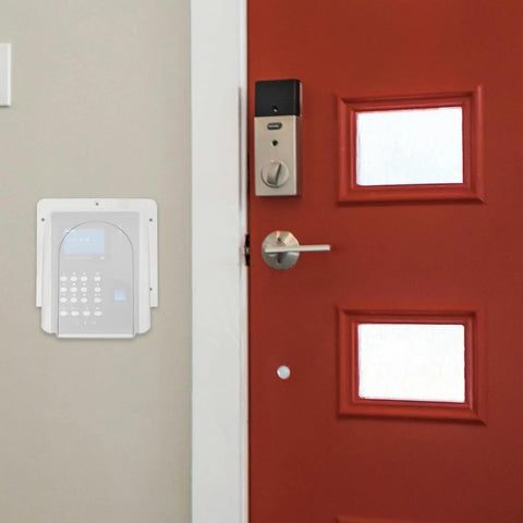 Waterproof Doorbell Rain Cover For Time Attendance And Fingerprint Devices PVC Protective Weatherproof Cover No Fuss Easy Install Keeps Rain And Snow Off Electronics And Components In Outdoor Settings on wall by red door