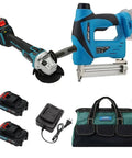 Two In One Cordless Nail Gun And Five Eighths Inch Angle Grinder Kit with Two 2Ah Batteries, charger, and carrying bag