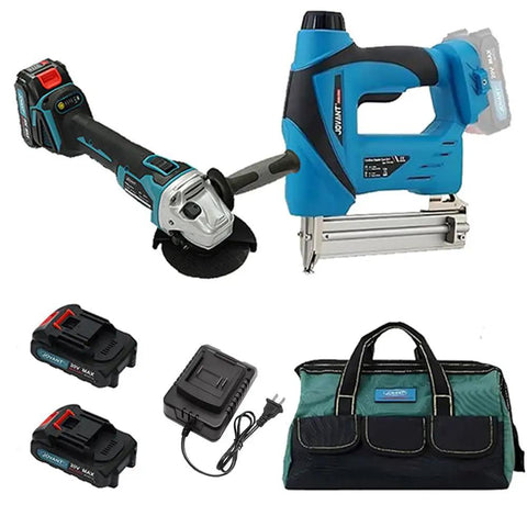 Two In One Cordless Nail Gun And Five Eighths Inch Angle Grinder Kit with Two 2Ah Batteries, charger, and carrying bag