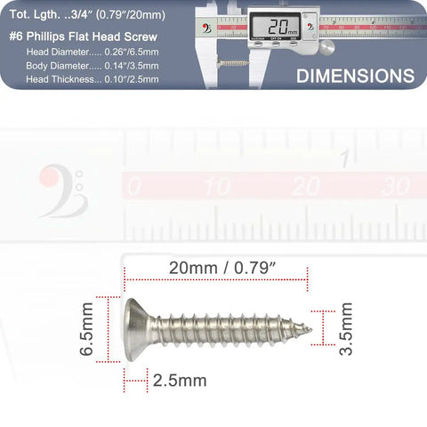 Pro Grade Heavy Duty Wood Screws In A Rock Solid 120 Piece Pack Of Rustproof 304 Stainless Steel Flat Head Phillips Fasteners dimensions measuring #6 x 3/4 inch