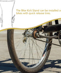 Bicycle with Adjustable Dual Leg Bike Kickstand With Non Slip Feet For Quick Release Tires installed, shown outdoors