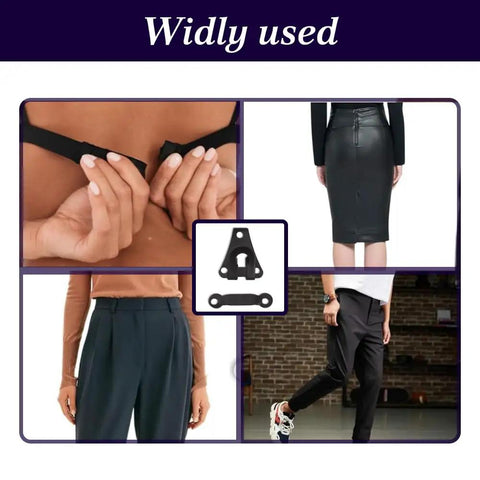 Heavy Duty Black Pant Hook And Eye Quick Fix Sewing Kit Set Rock Solid Closure fasteners shown on garments for skirts and pants.
