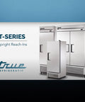 Commercial Reach In Freezer With Solid Swing Door Keeps Things Frosty Down To Ten Below Zero Fahrenheit R290 Hydrocarbon Compressor Delivers Serious Cold And Lowers Utility Bills For Every Bustling Back Of House, showing three upright reach-in freezer units.
