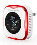 Plug In Carbon Monoxide Alarm 3-In-1 Detector with Real Time Temperature and Humidity Display shown in white and red.