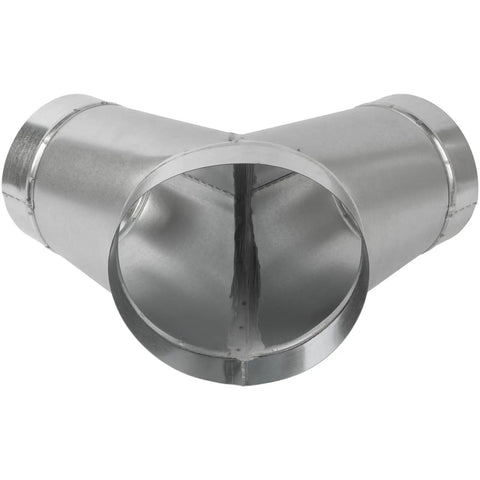 Front view of 8 Inch To 6 Inch Y Shape Duct Splitter With Two 45 Degree Branches Galvanized Steel 3 Way Dust Collection Fitting