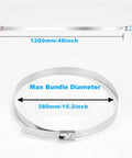 Heavy Duty 48 Inch Stainless Steel Zip Ties, 500 Lb Break Strength, 0.3 inch width, showing max bundle diameter of 15.2 inches