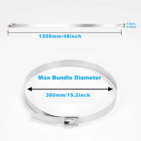 Heavy Duty 48 Inch Stainless Steel Zip Ties, 500 Lb Break Strength, 0.3 inch width, showing max bundle diameter of 15.2 inches