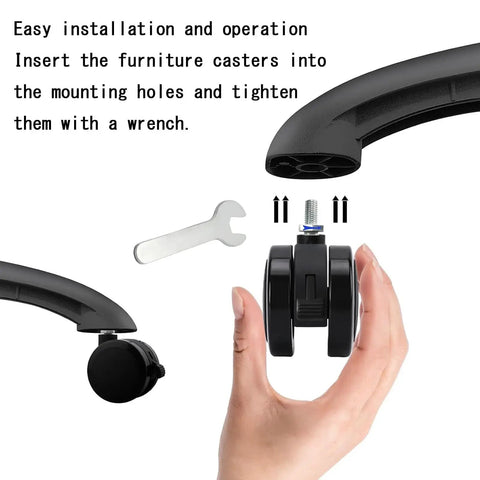 Heavy Duty Replacement Office Chair Wheels With Roll Like Butter Polyurethane Tires, Universal 2 Inch 10 Mm Stem Casters being installed with a wrench.