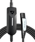 Tesla NACS Portable EV Charger With Dual Level Charging, showing charger unit and plug, includes NEMA 14-50 and 5-15 plugs