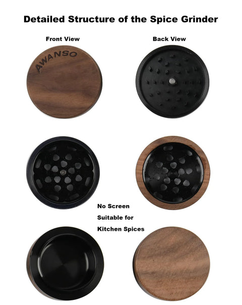 AWANSO 3-Piece Walnut Wood and Aluminum Spice Grinder for Kitchen Spices, front/back views