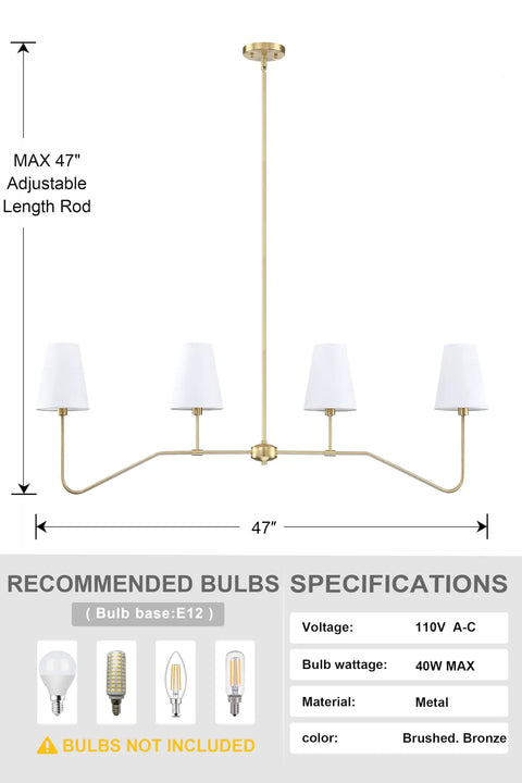 Four Light Gold Linear Kitchen Island Pendant Fixture with Brushed Bronze Accents and White Linen Shades, adjustable height up to 47 inches