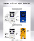 Stereo Reverb Pedal For Guitar With Seven Presets And Classic Effects From Room And Hall To Church Cave Plate Spring Mod Plus Hi Cut Lo Cut Decay And Pre Delay Save Your Tones On Tap True Bypass With Trails Metal Chassis, showing stereo and mono input and output options.