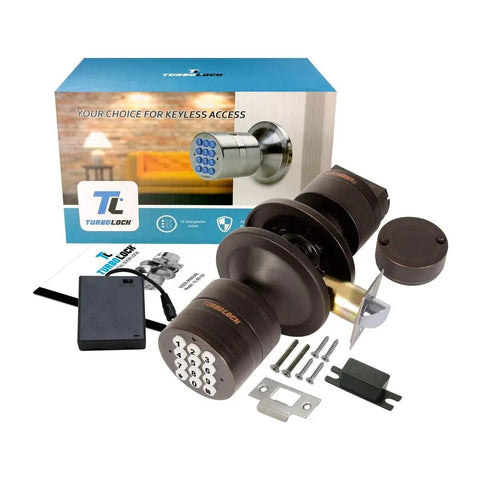 Keyless Electronic Keypad Entry Door Lock Smart Knob Kit With Automatic Locking And Battery Backup, Easy Installation For Most Front Doors, Bronze Finish, No Bluetooth, Master And User Codes displayed with packaging and accessories.