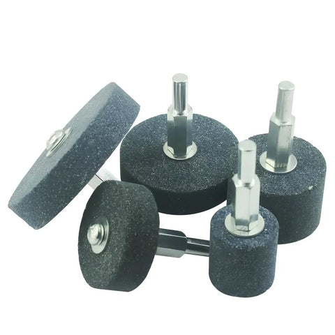 Pro Grade Mounted Grinding Stone Kit 5 Piece Set With Cylindrical 25 mm And 38 mm Stones And T Shape 40 50 60 mm For Quick Sharpening, Grinding, And Polishing, Includes 1 Quarter Inch Round Shank And 10 mm Hex Shank displayed.