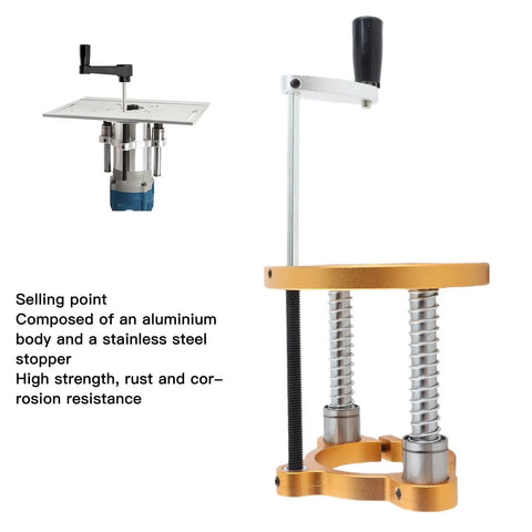 Built Tough Router Lift Base For Woodworking Shop With Smooth 70 Millimeter Height Adjustment Premium aluminum alloy lift mechanism.