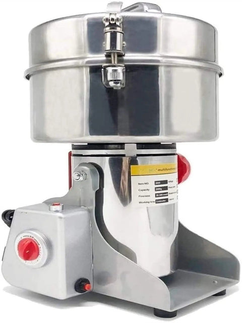 Electric Grain Grinder Mill With Swing Open Chamber For A Fast Grind On Dried Grains Beans Spices Herbs And Cereal In Your Home Kitchen Portable And Easy Close Lid, stainless steel body.