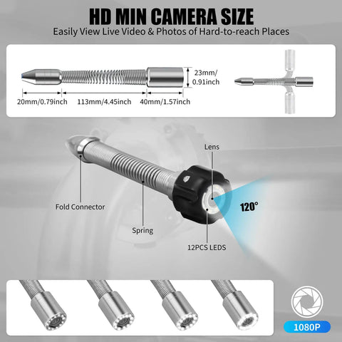 Detailed view of HD Min Camera with lens and LED lights for Badass 100 Foot Sewer Camera With A Big 9 Inch 1080p Screen And 512hz Wire Locator.